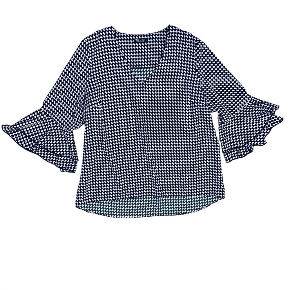 Bali Black White Geometric Print 3/4 Bell Sleeve Blouse Top Sz L NWOT